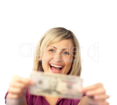 happy woman holding dollars