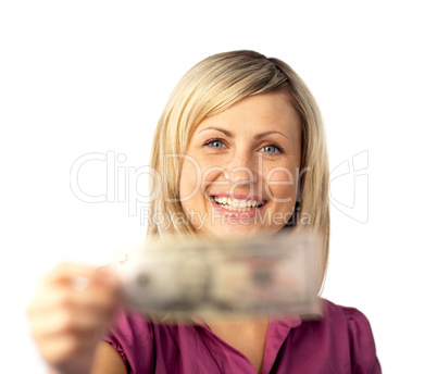 happy woman holding dollars