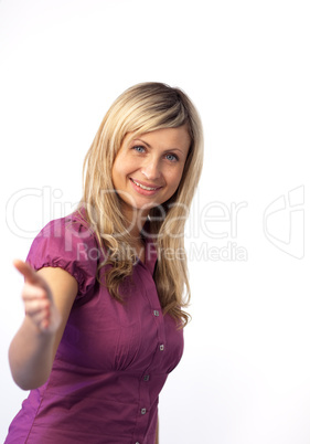 Woman with hand extended to show welcome