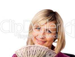 Young woman holding Dollars