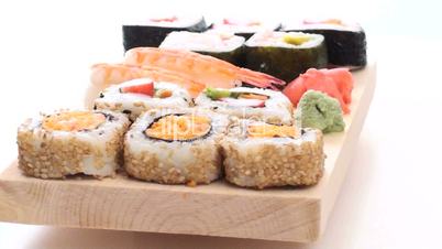 sushi on wooden tray