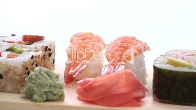 sushi on wooden tray