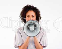 Businesswoman speaking through a megaphone in front of the camera