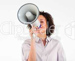 Businesswoman yelling through megaphone