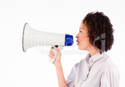 Businesswoman shoutng through megaphone