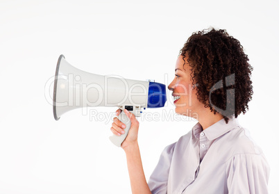 Businesswoman speaking through megaphone