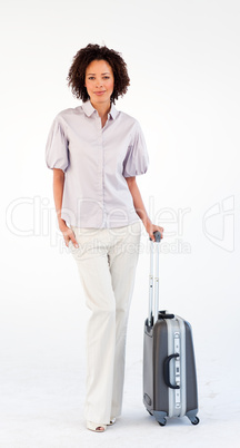 Friendly businesswoman with suitcase