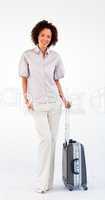 Smiling businesswoman with suitcase