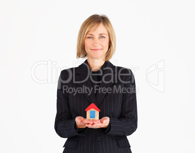 Female mature business manager presenting house solution
