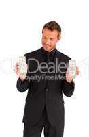 Businessman with money isolated against white background