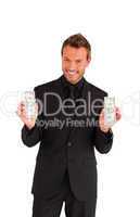 Happy businessman holding money