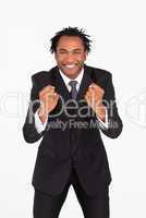 Smiling businessman with fist