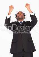 Happy businessman with raised arms