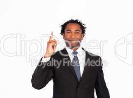 Afro-american businessman pointing upwards