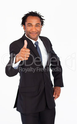 Attractive businessman showing thumb up