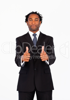 Portrait of afro-american businessman with thumbs up