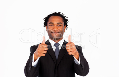 Attractive businessman with thumbs up