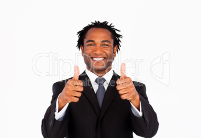 Handsome businessman with thumbs up