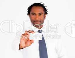 Young afro-american businessman showing his card