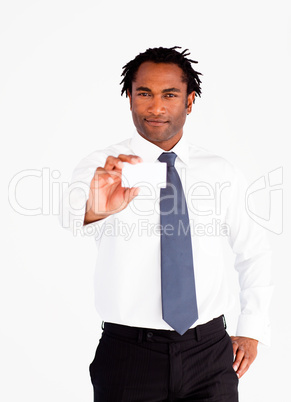 Serious businessman holding white card