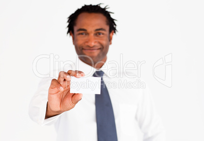 Friendly afro-american businessman showing his card