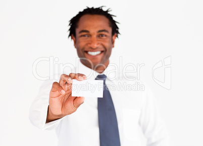 Afro-american businessman showing his card, focus on fingers and card