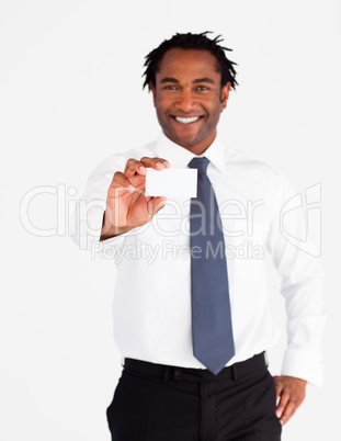 Friendly businessman showing white card