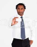 Young businessman holding white card