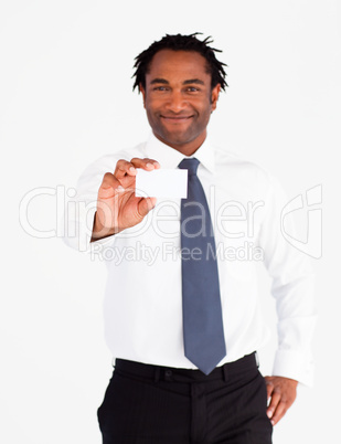 Attractive afro-american businessman showing white card