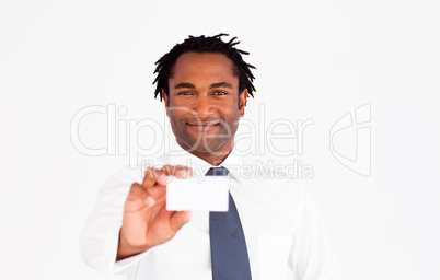 Portrait of afro-american businessman holding white card