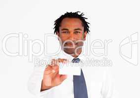 Serious businessman showing his business card