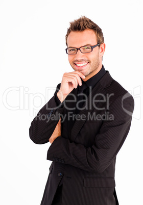 Happy businessman with glasses looking at the camera