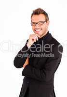 Happy businessman with glasses looking at the camera