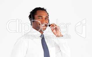 Businessman with aheadset smiling