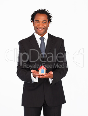 Afro-american businessman presenting housing solution