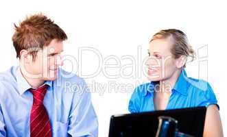 Businessman and businesswoman interacting