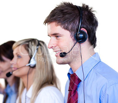 Businessman working with headset on