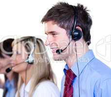 Businessman working with headset on