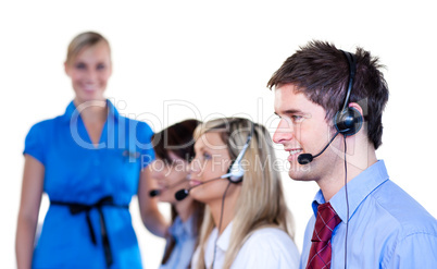 Businesspeople talking with headset