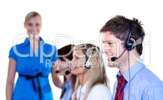 Businesspeople talking with headset