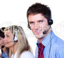 Handsome man in a call center