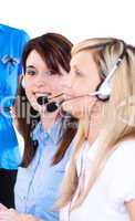Brunette girl working with a headset on