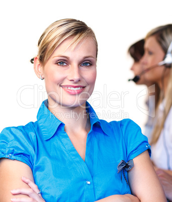 Beautiful businesswoman in a call center