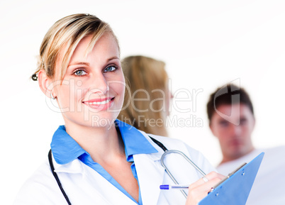Portrait of a blonde doctor with a patient