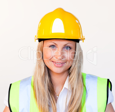 Blonde female with hard hat on