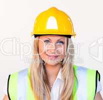 Blonde female with hard hat on