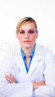 Serious female scientist looking at the camera