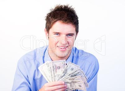 Young businessman showing dollars