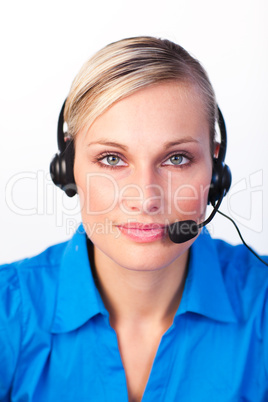 Blonde woman with headset