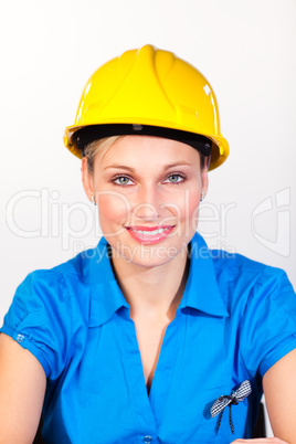 Friendly woman with hard hat
